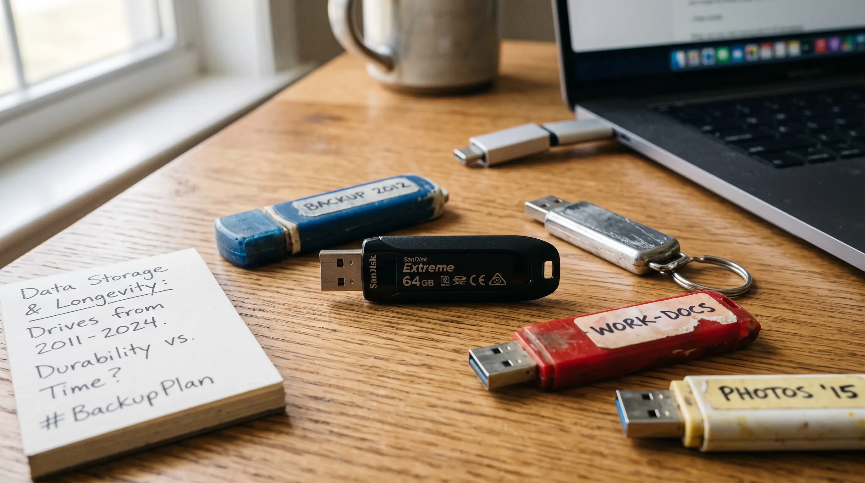 Кілька USB-флешок із підписами лежать на дерев’яному столі поруч із ноутбуком і блокнотом із планом резервного копіювання.