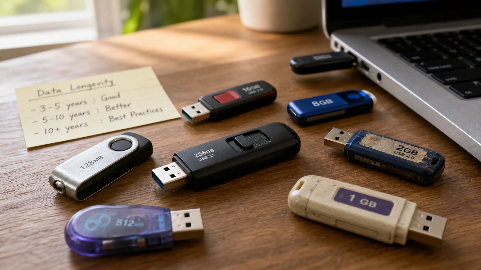 USB-флешки різного обсягу та віку лежать на дерев’яному столі біля ноутбука й нотатки про довговічність даних.