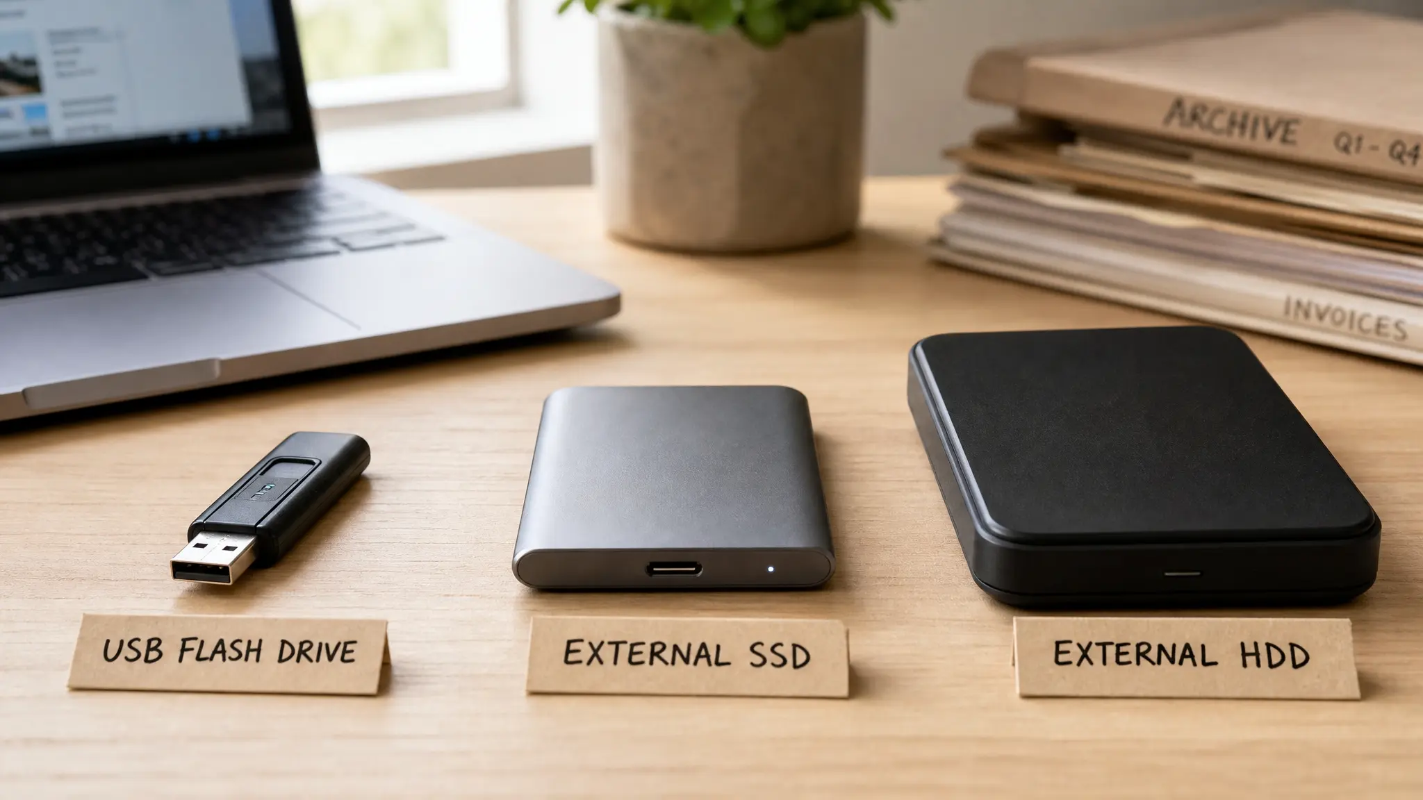 USB-флешка, зовнішній SSD та зовнішній жорсткий диск лежать на столі поруч із ноутбуком.