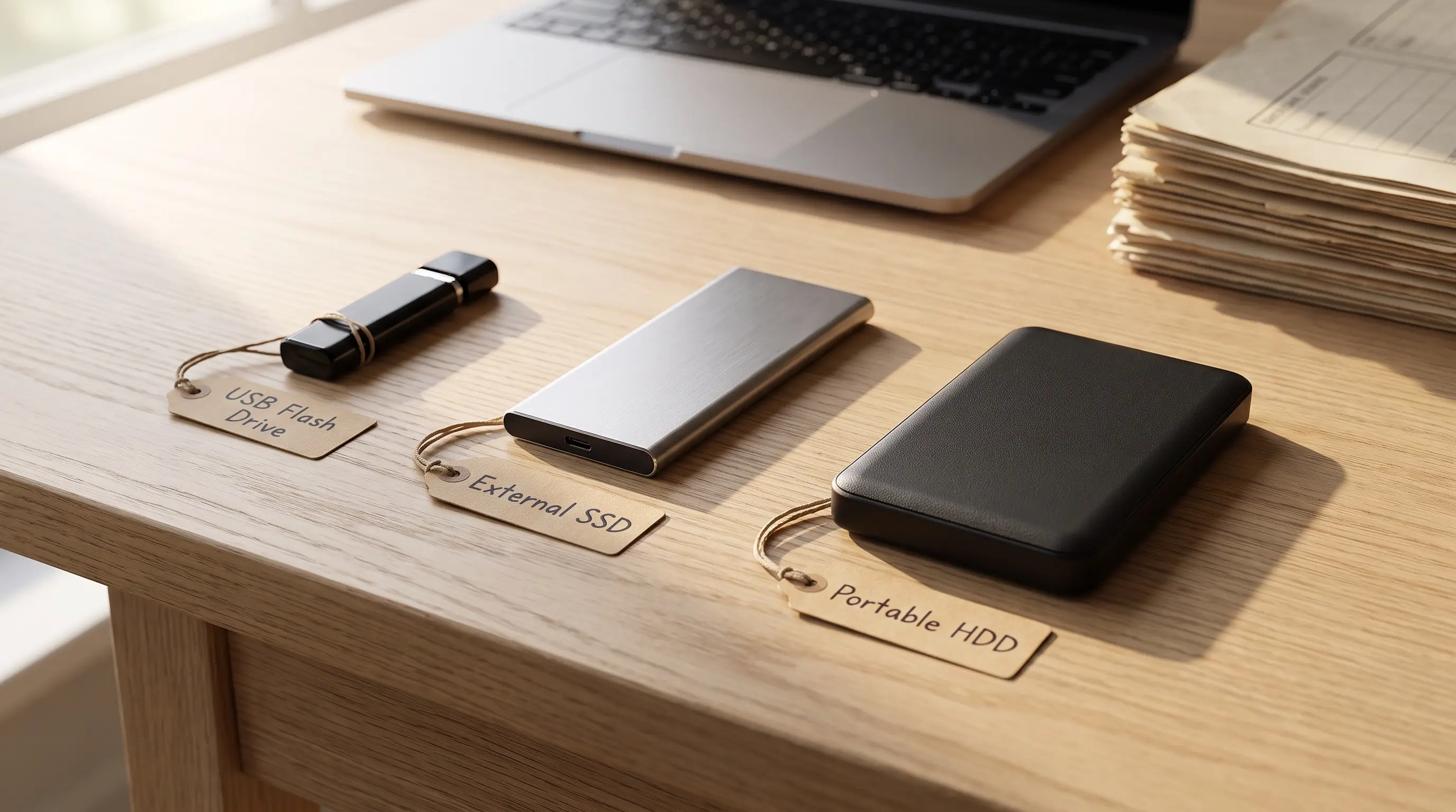 USB-флешка, зовнішній SSD і портативний HDD із підписами лежать на столі поруч із ноутбуком та документами.