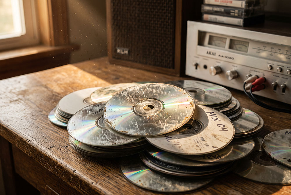 Стос старих подряпаних і запилених CD та DVD-дисків лежить на дерев’яному столі поруч із вінтажною аудіоапаратурою.
